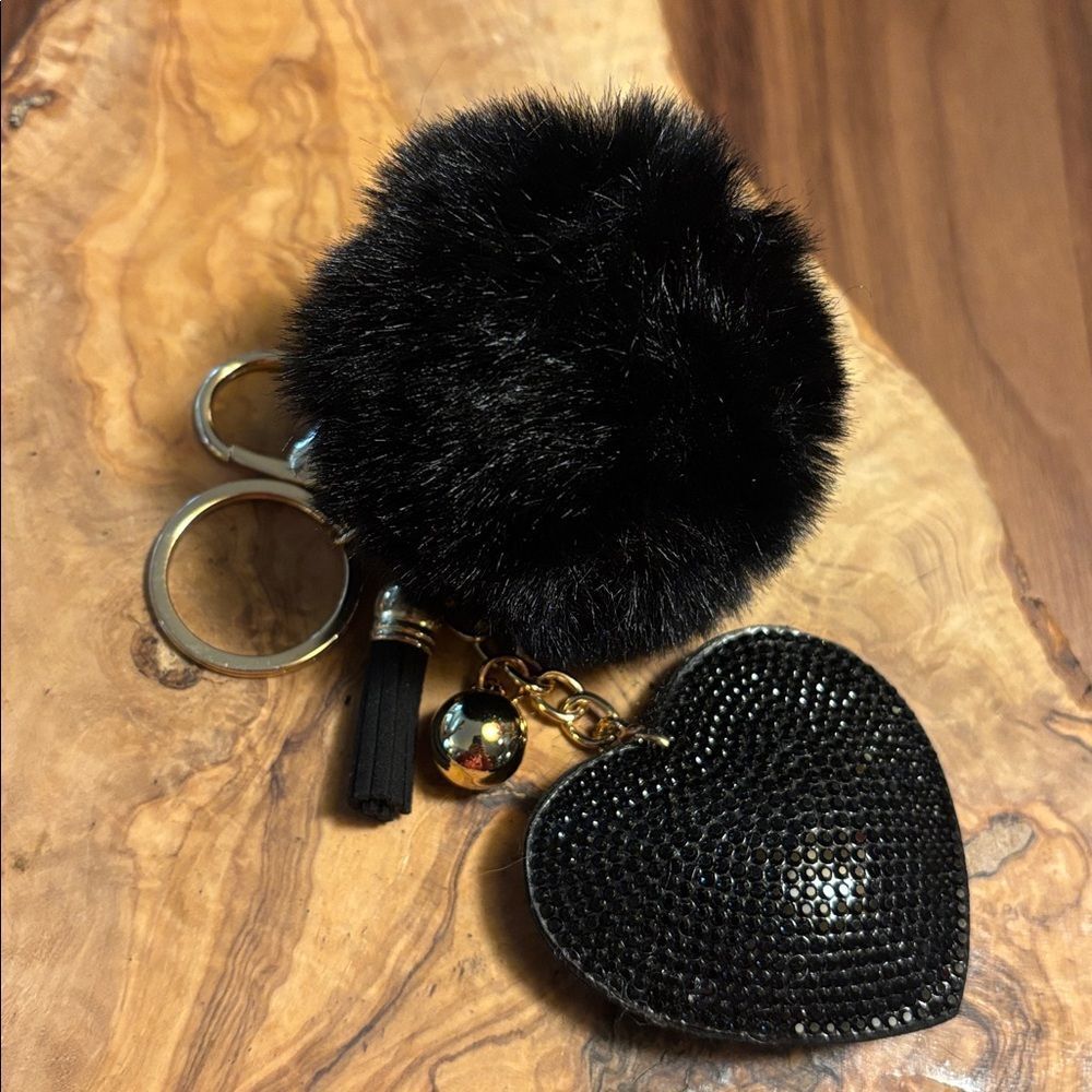 Black Heart Keychain with Pom Pom